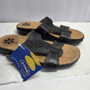 Dr. Scholl's Black Slide Sandals with Tan Footbed